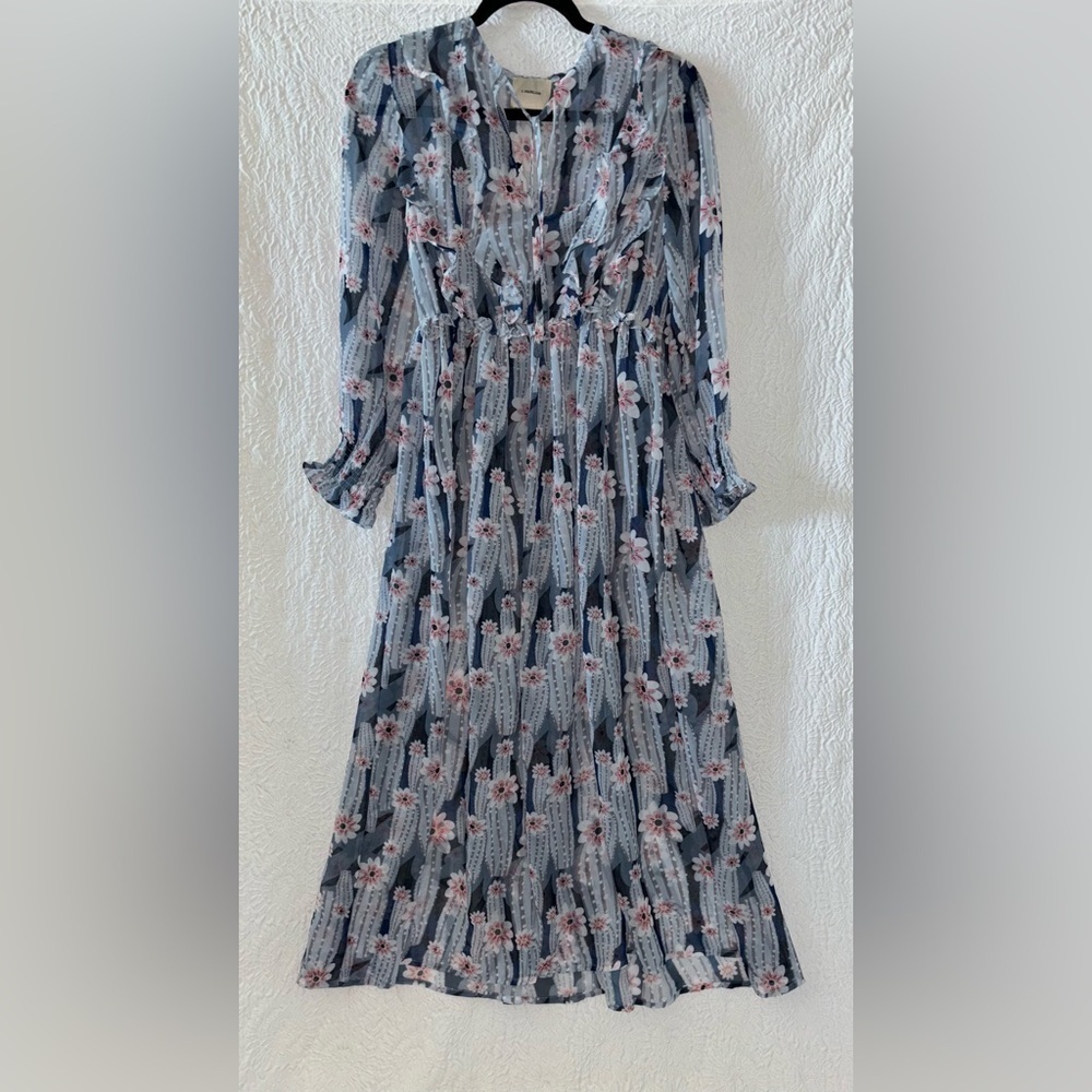 I. Madeline Romantic 3/4 Sleeve Floral Printed Ruffle Midi Tea Length Dress NWOT
